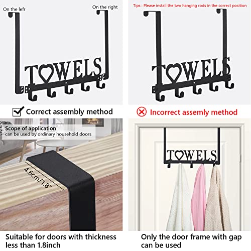 WeeksEight Over The Door Towel Rack, Metal Bath Towel Holder Hanger for Bathroom Bedroom Door Hanging Towels Bathrobe Robe, Towel Hooks for Bathrooms (5 Towel Hooks, Black)