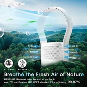 HAUSHOF Bladeless Tower Fan and Air Purifier in one, 90° Oscillating Air Conditioning Fan with Remote, 2*H13 HEPA Air Purifier, Touch Control, Floor Fan for Bedroom, Baby Room, Living Room, Office