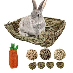 bnosdm rabbit grass bed 9 pcs natural straw bunny hay bed hand-made woven guinea pig grass basket with chew toys for chinchillas ferrets gerbils hamsters small animals