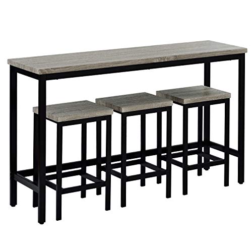 Merax 4 Piece Counter Height Extra Long Dining Pub Kitchen Set with 3 Stools, Bar Side-Table with Footrest, Grey_1