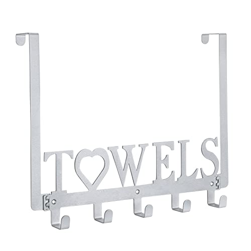 WeeksEight Over The Door Towel Rack, Metal Bath Towel Holder Hanger for Bathroom Bedroom Door Hanging Towels Bathrobe Robe, Towel Hooks for Bathrooms (5 Hooks Silver Grey)