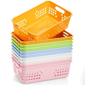 jucoan 10 pack plastic storage basket, 10.5 x 7 x 3.5 inch colorful plastic classroom storage organizer tray bin with handles for drawer, closet, bathroom kitchen, 5 colors