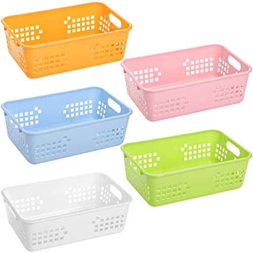 Jucoan 10 Pack Plastic Storage Basket, 10.5 x 7 x 3.5 Inch Colorful Plastic Classroom Storage Organizer Tray Bin with Handles for Drawer, Closet, Bathroom Kitchen, 5 Colors