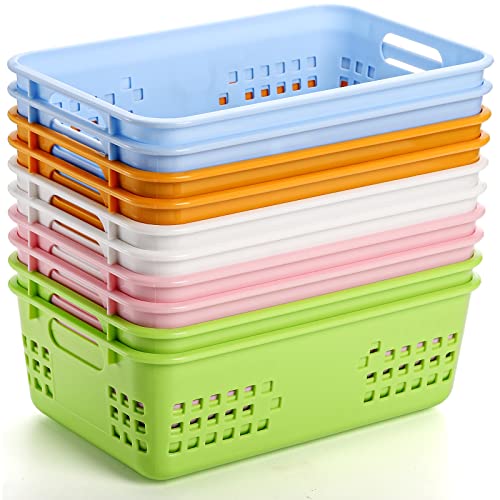 Jucoan 10 Pack Plastic Storage Basket, 10.5 x 7 x 3.5 Inch Colorful Plastic Classroom Storage Organizer Tray Bin with Handles for Drawer, Closet, Bathroom Kitchen, 5 Colors
