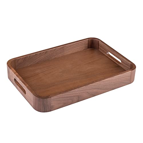 Insunen Rectangle Black Walnut Serving Tray with Handles, Solid Wooden Serving Tray, Decorative Tray, Coffee Table Tray, Food Tray for Eating,Breakfast, Party, Kitchen (14x10x1.95in)