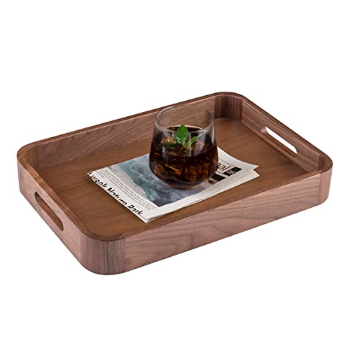 Insunen Rectangle Black Walnut Serving Tray with Handles, Solid Wooden Serving Tray, Decorative Tray, Coffee Table Tray, Food Tray for Eating,Breakfast, Party, Kitchen (14x10x1.95in)