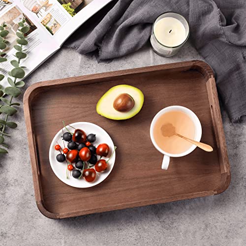 Insunen Rectangle Black Walnut Serving Tray with Handles, Solid Wooden Serving Tray, Decorative Tray, Coffee Table Tray, Food Tray for Eating,Breakfast, Party, Kitchen (14x10x1.95in)