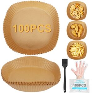 ZenTiky 100pc Air Fryer Disposable Paper Liner, Disposable Fryer Paper Pads, Non-Stick Air Fryer Liners with 100pc Disposable Gloves and Baking Brush for Baking Roasting Microwave Frying Pan, 6.3"