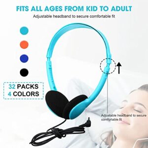 32 Pack Headphones Student Headphone Adjustable on Ear Headphone Library Headphone Wire Classroom Headphone with 3.5 mm Headphone Plug for Boys Girls Adults School (Light Blue, Orange, Blue, Black)