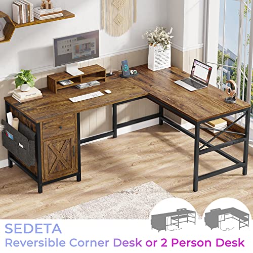 SEDETA 63" L Shaped Desk, Convertible Long Home Office Desk or Corner Desk, Office Computer Desk with Drawer, Power Strip, Storage Cabinet & Monitor Stand for Home Office, Rustic Brown