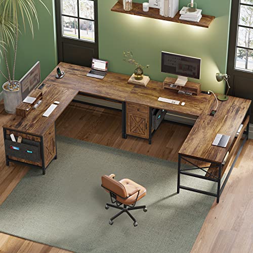 SEDETA 63" L Shaped Desk, Convertible Long Home Office Desk or Corner Desk, Office Computer Desk with Drawer, Power Strip, Storage Cabinet & Monitor Stand for Home Office, Rustic Brown