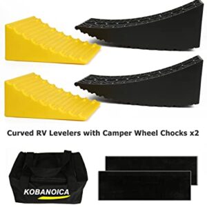 KOBANOICA RV Leveling Blocks,Camper Leveler 2 Pack,Includes Curved RV Levelers Ramp with Camper Wheel Chocks,RV Leveling System for Travel Trailer,Motorhome,Fifth Wheels