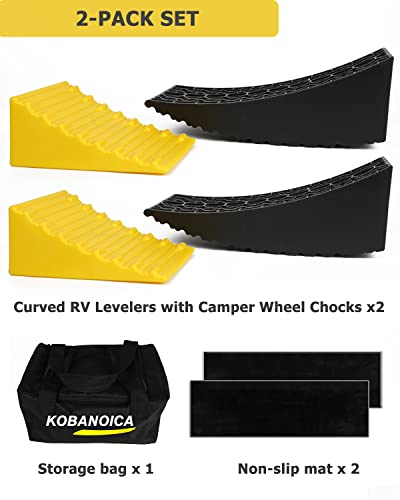 KOBANOICA RV Leveling Blocks,Camper Leveler 2 Pack,Includes Curved RV Levelers Ramp with Camper Wheel Chocks,RV Leveling System for Travel Trailer,Motorhome,Fifth Wheels