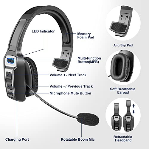 Sarevile Trucker Bluetooth Headset, V5.2 Wireless Headset with Upgraded Microphone AI Noise Canceling, On Ear Bluetooth Headphone with Mute for Driver Office Call Center