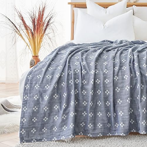 jinchan Boho 100% Cotton Blanket Muslin Lightweight Twin Size Quilted Throw Blanket for Couch Soft Cozy All Season Blanket 3-Layer Floral Throw Cotton Blanket for Bedroom Decor Blue 60”x80“