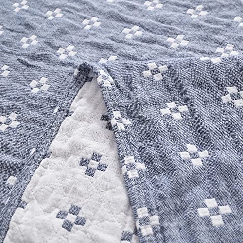 jinchan Boho 100% Cotton Blanket Muslin Lightweight Twin Size Quilted Throw Blanket for Couch Soft Cozy All Season Blanket 3-Layer Floral Throw Cotton Blanket for Bedroom Decor Blue 60”x80“