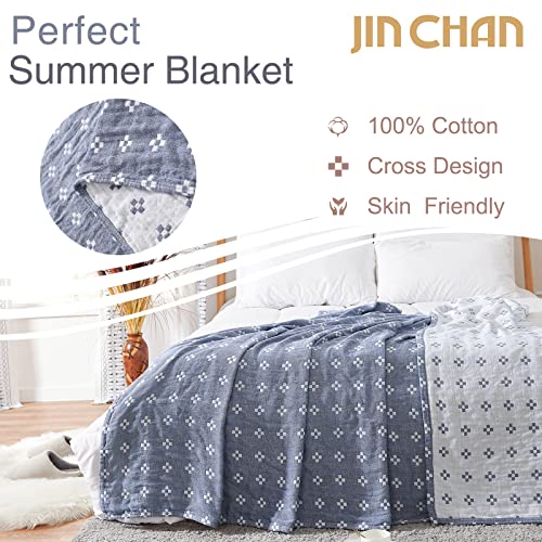 jinchan Boho 100% Cotton Blanket Muslin Lightweight Twin Size Quilted Throw Blanket for Couch Soft Cozy All Season Blanket 3-Layer Floral Throw Cotton Blanket for Bedroom Decor Blue 60”x80“