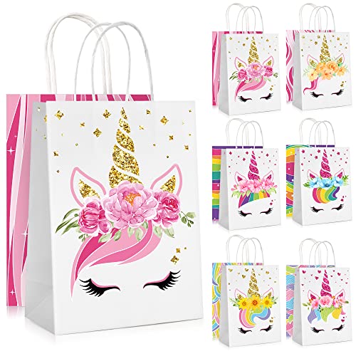 Mocoosy 18 PCS Unicorn Party Favor Bags for Kids Unicorn Birthday Party, Unicorn Goodie Candy Treat Paper Gift Bags with Handles for Girls Boys Rainbow Unicorn Birthday Baby Shower Party Supplies