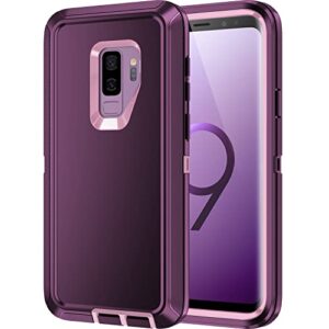 mieziba for galaxy s9 case, heavy duty shockproof dust/drop proof 3 layer full body protection rugged durable cover case for galaxy s9, purple/pink