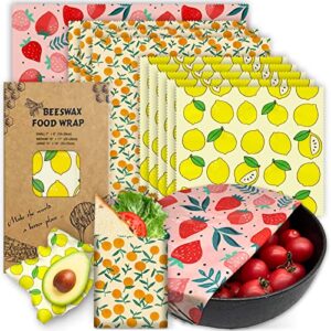 reusable beeswax wrap - 9 pack eco-friendly beeswax wraps for food, organic, sustainable, biodegradable, zero waste, plastic-free food storage, 1l strawberry, 3m orange, 5s lemon patterns