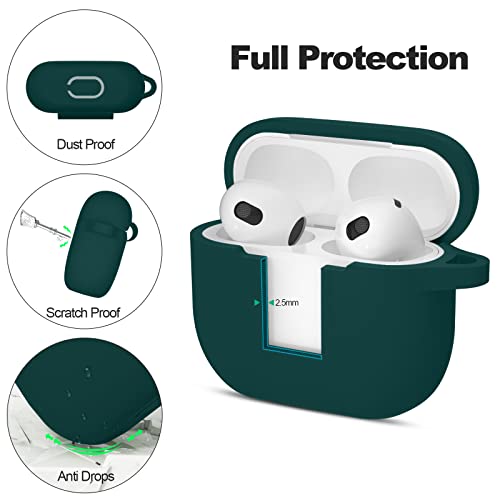 JTOMEI AirPods 3 Case Cover with Keychain, Full Protective Silicone Case Accessories for AirPods 3rd Generation, Front LED Visible, Dark Green