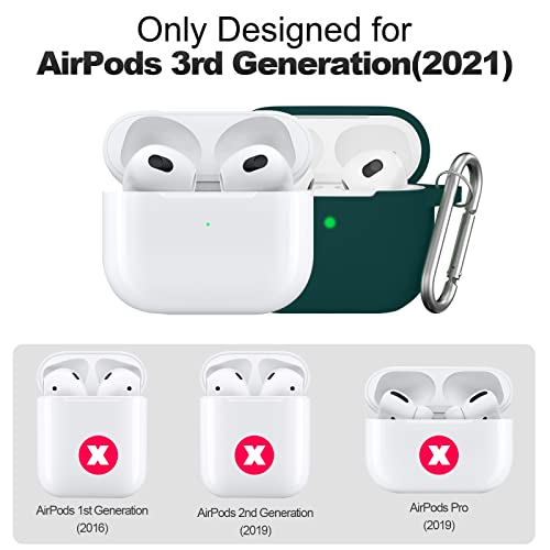 JTOMEI AirPods 3 Case Cover with Keychain, Full Protective Silicone Case Accessories for AirPods 3rd Generation, Front LED Visible, Dark Green