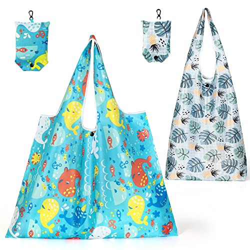 LotFancy Reusable Grocery Bags, 1 Extra-Large XL+1 Large Foldable Shopping Bags with Attached Pouch, Waterproof Nylon Grocery Bags, Machine Washable and Eco-Friendly