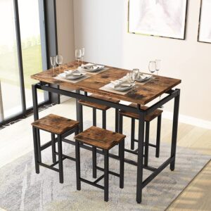 MIERES 5 Piece Person Kitchen Chairs 4, Industrial Bar, Counter Height Dining Room Table Set for Small Spaces, Rustic Brown