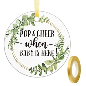 baby shower mini champagne bottle favor tags, pop and cheer when baby is here tags, greenery champagne baby shower favor tags, 2 inches, 50 count with golden ribbon