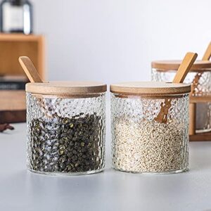 FANTESTICRYAN 2 PCS Hammer Pattern Glass Condiment Canisters Pots Set, Simple Stylish Decorative Storage Seasoning Container with Bamboo Lid & Spoon for Home Kitchen Cafe Storing Salt Sugar Spice