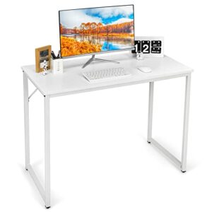 tangkula white computer desk, study writing desk w/heavy duty steel frame, modern simple style laptop table for home office, easy assembly