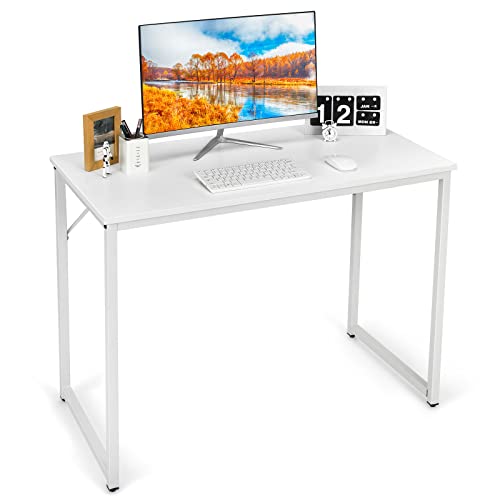 Tangkula White Computer Desk, Study Writing Desk W/Heavy Duty Steel Frame, Modern Simple Style Laptop Table for Home Office, Easy Assembly