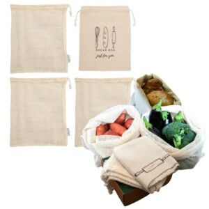 Pretty Wallaby| Onion&Potato Reusable Mesh Bags| Vegetable Storage Bags| 100% Cotton| Set of 3 X-Large Bags&1 Large Linen Bread Bag