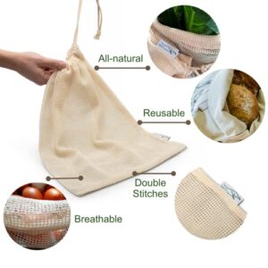 Pretty Wallaby| Onion&Potato Reusable Mesh Bags| Vegetable Storage Bags| 100% Cotton| Set of 3 X-Large Bags&1 Large Linen Bread Bag