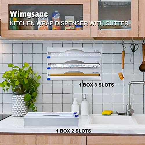 Wimgsanc 3 in 1 Refillable Plastic Wrap Dispenser with Cutter, Acrylic Roll Organizer Holder for Wax Paper, Parchment Paper, Aluminum Foil and Plastic Wrap Organization, Compatible with 12'' Roll