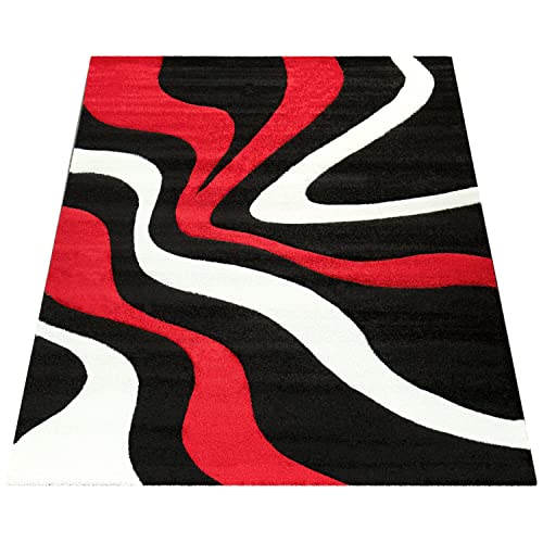 Red Black White Area Rug with Contour Cut and Modern Wave Pattern, Size: 6'7" x 9'6"