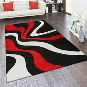 red black white area rug with contour cut and modern wave pattern, size: 6'7" x 9'6"