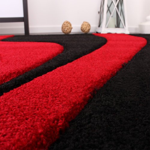 Red Black White Area Rug with Contour Cut and Modern Wave Pattern, Size: 6'7" x 9'6"