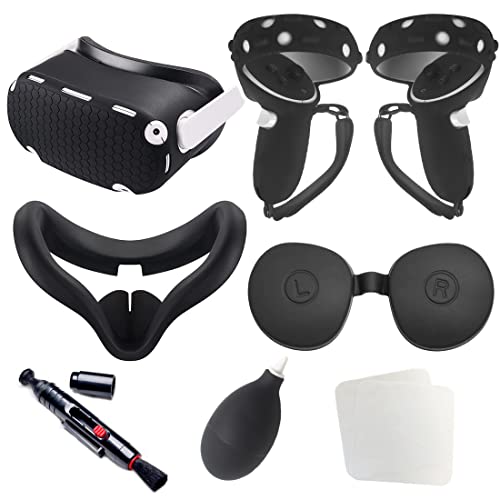 VR Front Face Silicone Protective Shell, Silicone Interfacial Cover, Touch Controller Grips Strap Cover Combination,Lens Cleaning Cloths and so on kit 7-in-1 for Oculus Quest 2 Accessories (Black)