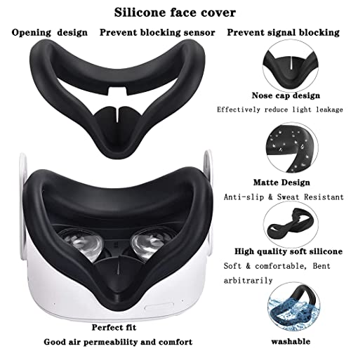 VR Front Face Silicone Protective Shell, Silicone Interfacial Cover, Touch Controller Grips Strap Cover Combination,Lens Cleaning Cloths and so on kit 7-in-1 for Oculus Quest 2 Accessories (Black)