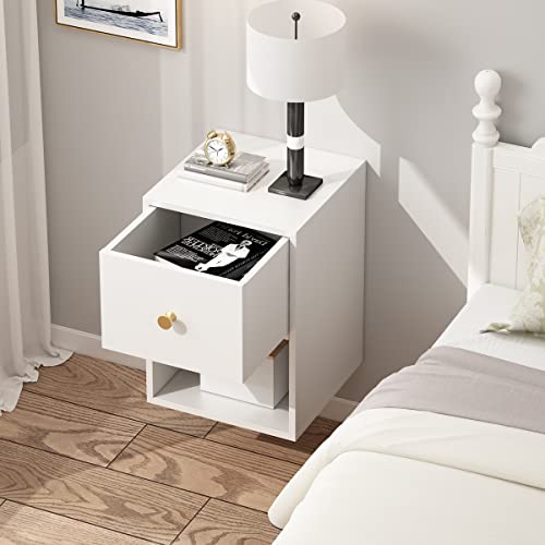 BOTALEGRE Floating Nightstand with Motion Sensor Light Wall Mounted Shelf with Drawer and Open Storage Shelf