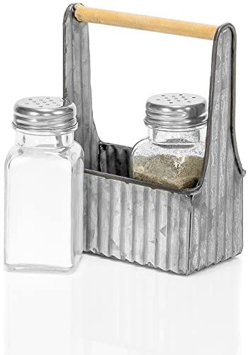 Red Co. Glass Salt and Pepper Shaker Set in 5” Metal Carrying Toolbox Caddy with Wooden Handle