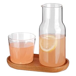 bedside water carafe and glass set, 550ml clear glass juice water pitcher, night water carafe with cup set for bedroom nightstand, wooden pallet included