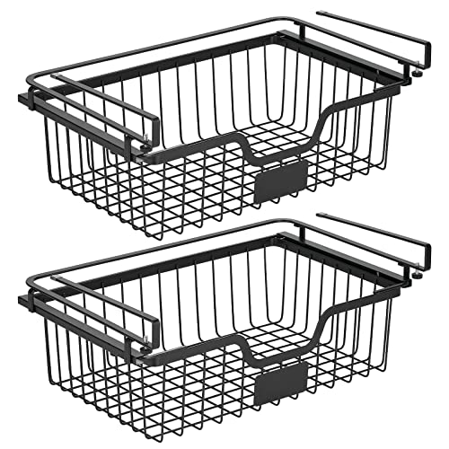 mDesign Wire Under Shelf Organizer for Cabinet - Sliding Basket for Under Cabinet Shelf - Hanging Organizer Rack for Kitchen and Pantry with Label Space - Carson Collection - 2 Pack - Matte Black