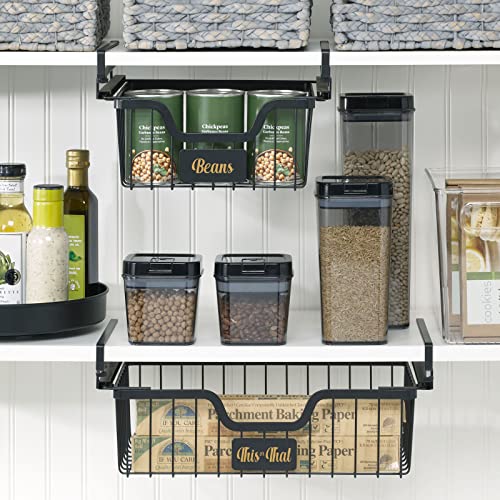 mDesign Wire Under Shelf Organizer for Cabinet - Sliding Basket for Under Cabinet Shelf - Hanging Organizer Rack for Kitchen and Pantry with Label Space - Carson Collection - 2 Pack - Matte Black