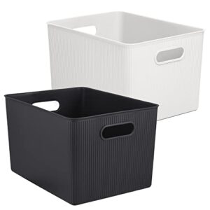 superio ribbed collection - decorative plastic open home storage bins organizer baskets, white & brown (set of 2) 2 x-large - container boxes for organizing closet shelves drawer shelf