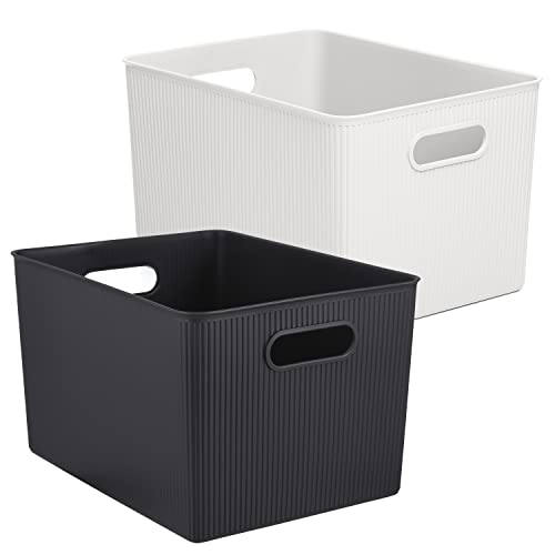 Superio Ribbed Collection - Decorative Plastic Open Home Storage Bins Organizer Baskets, White & Brown (Set of 2) 2 X-Large - Container Boxes for Organizing Closet Shelves Drawer Shelf