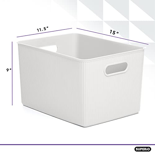 Superio Ribbed Collection - Decorative Plastic Open Home Storage Bins Organizer Baskets, White & Brown (Set of 2) 2 X-Large - Container Boxes for Organizing Closet Shelves Drawer Shelf