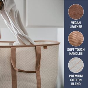 CleverMade Collapsible Fabric Laundry Basket - Premium Foldable Pop-Up Storage Bin - Space Saving Hamper Tote with Long Handles, 2 Pack, Cream Herringbone