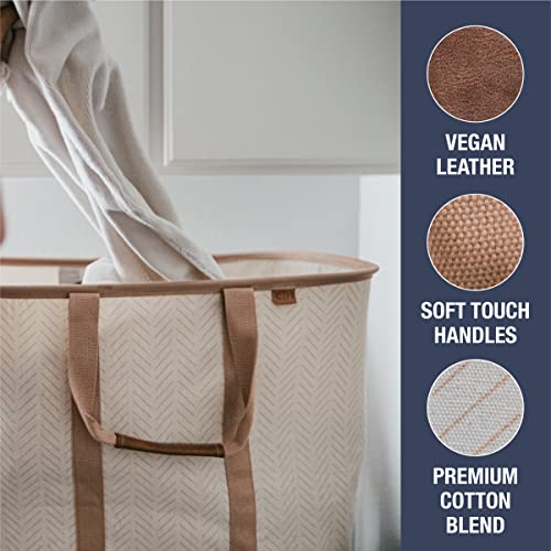 CleverMade Collapsible Fabric Laundry Basket - Premium Foldable Pop-Up Storage Bin - Space Saving Hamper Tote with Long Handles, 2 Pack, Cream Herringbone